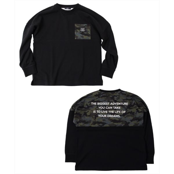 厚手天竺・ドロップショルダーバッグカモフラプリント長袖Tシャツ