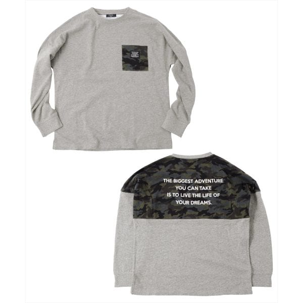 厚手天竺・ドロップショルダーバッグカモフラプリント長袖Tシャツ