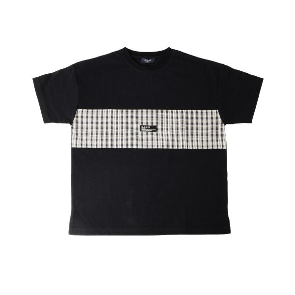 天竺・ドロップショルダーチェック切替半袖Tシャツ