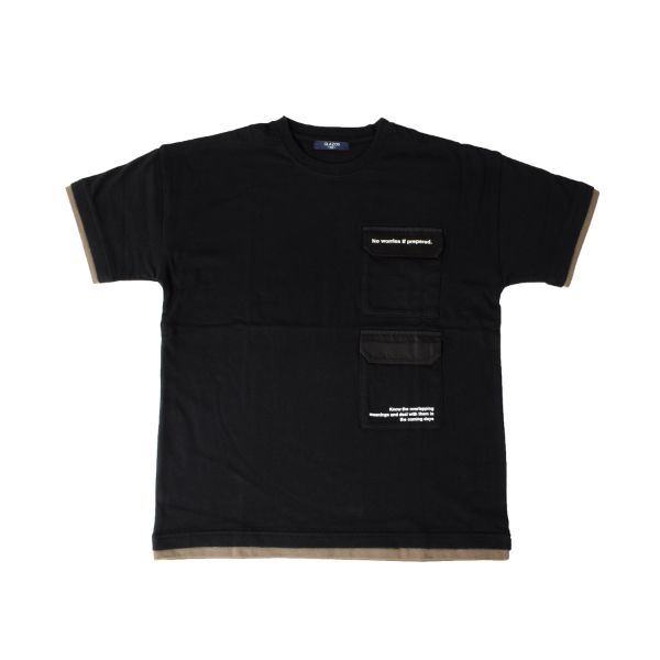 天竺・ドロップショルダーWポケットレイヤード半袖Tシャツ