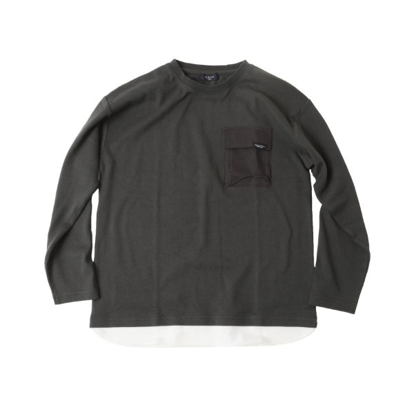 厚手天竺・ドロップショルダーフラップポケット付き裾レイヤード長袖Tシャツ