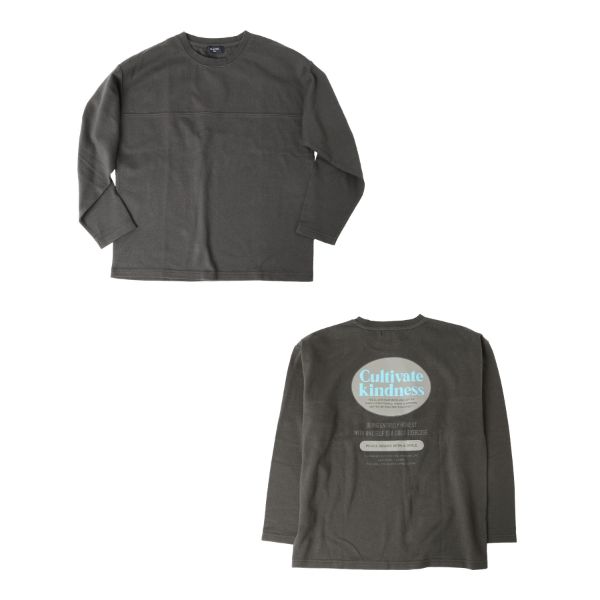 厚手天竺・ドロップショルダー切替オーバルバックプリント長袖Tシャツ