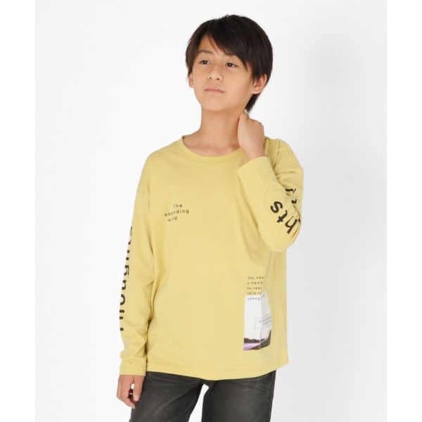天竺・ドロップショルダー袖ロゴフォトプリント長袖Tシャツ