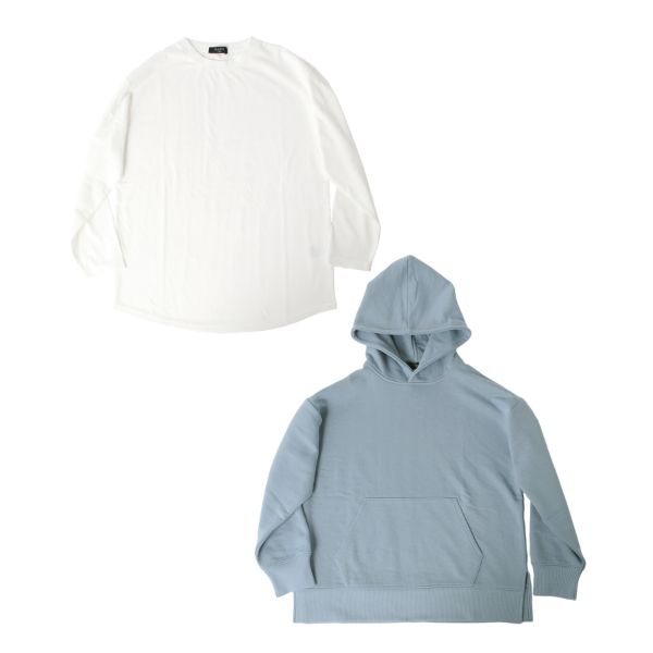 セットアイテム・裏毛ドロップショルダーフードトレーナー＋ドロップショルダー長袖Tシャツセット