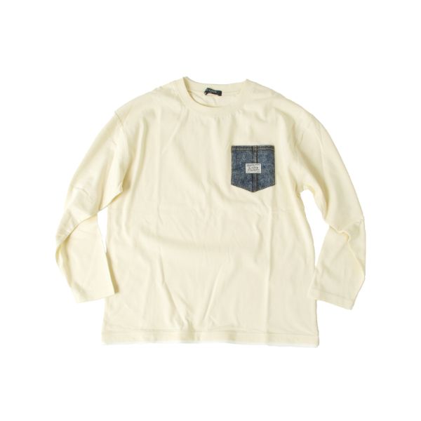 天竺・ドロップショルダーデニムポケットレイヤード長袖Ｔシャツ