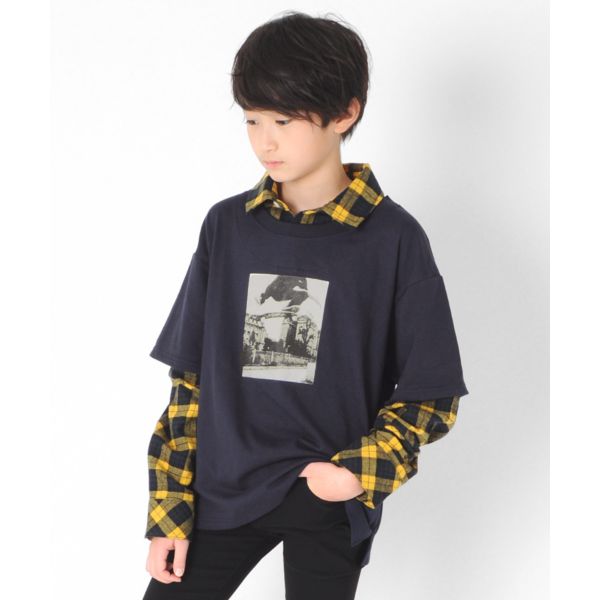 厚手天竺・ドロップショルダーシャツレイヤード風Tシャツ