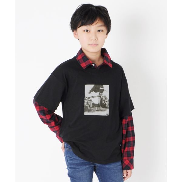 厚手天竺・ドロップショルダーシャツレイヤード風Tシャツ
