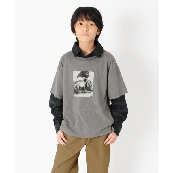 厚手天竺・ドロップショルダーシャツレイヤード風Tシャツ