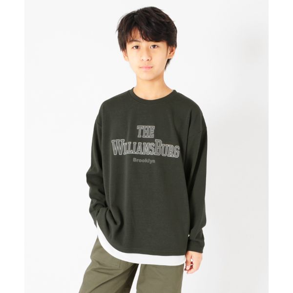 厚手天竺・ドロップショルダープリント裾レイヤード長袖Tシャツ