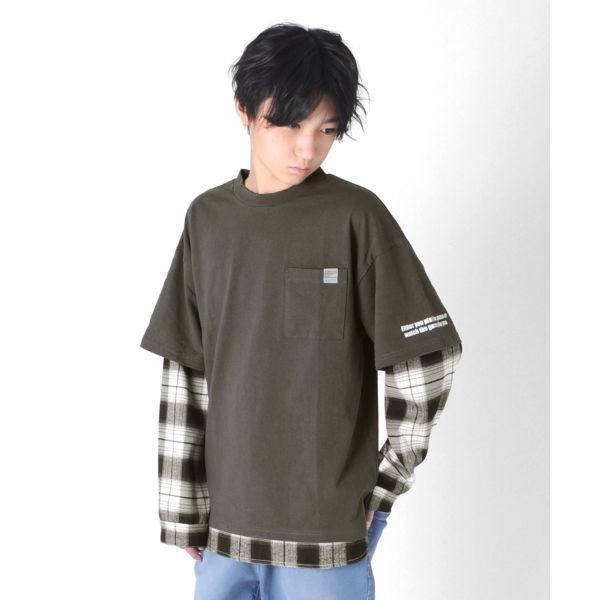 天竺・チェックシャツレイヤード長袖Ｔシャツ(160 チャコール): ジュニア ナルミヤ オンライン公式サイト