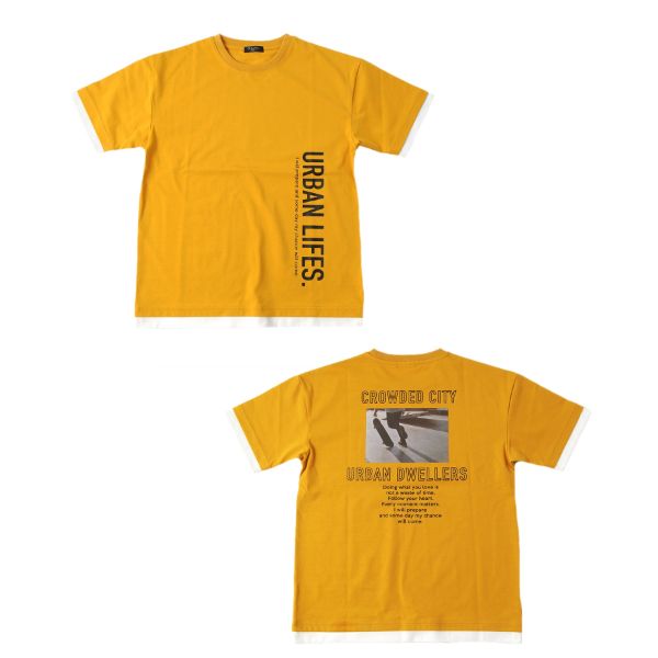 機能天竺・接触冷感ドロップショルダーバックフォトプリント裾レイヤード半袖Tシャツ