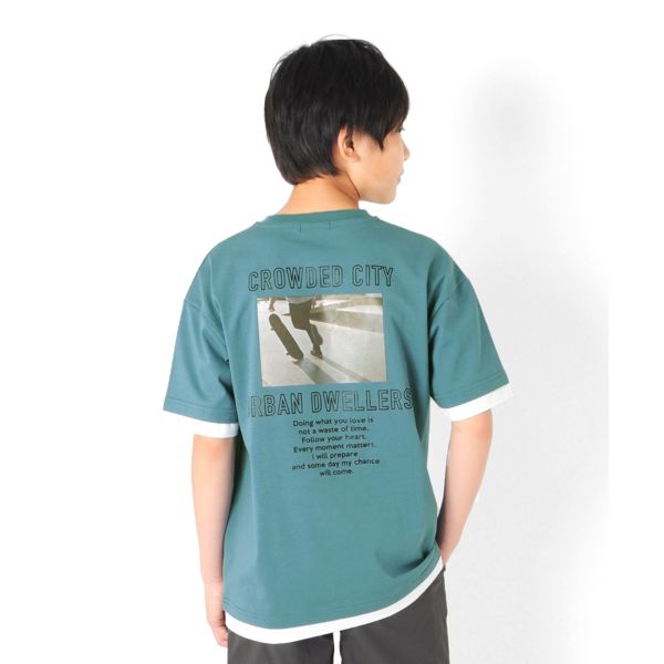 機能天竺・接触冷感ドロップショルダーバックフォトプリント裾レイヤード半袖Tシャツ