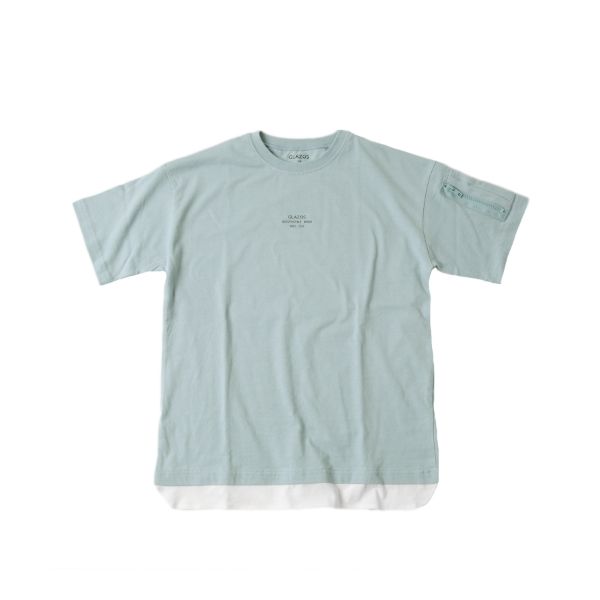 天竺・ドロップショルダー袖ポケット裾レイヤード半袖Tシャツ