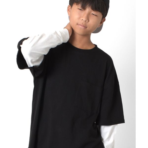 ビッグシルエット・袖レイヤードポケット刺繍Tシャツ