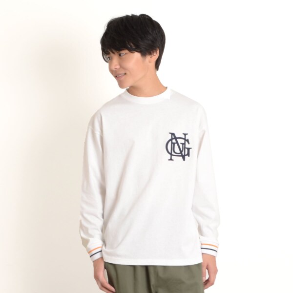 ワッペンモチーフ袖リブ配色長袖Tシャツ