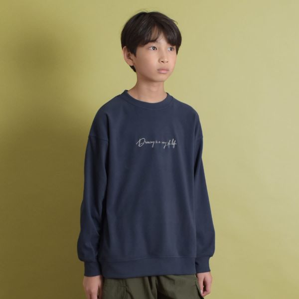 【あったか】マイクロフリース・刺繍クルーネックプルオーバー