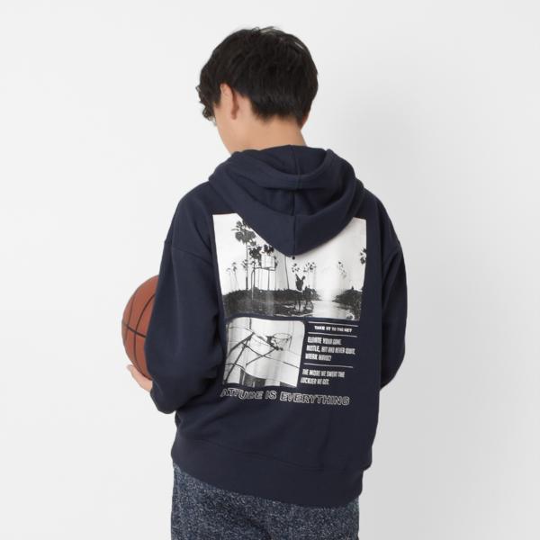 あったか】裏起毛・バックフォトプリントパーカー(140 パープル