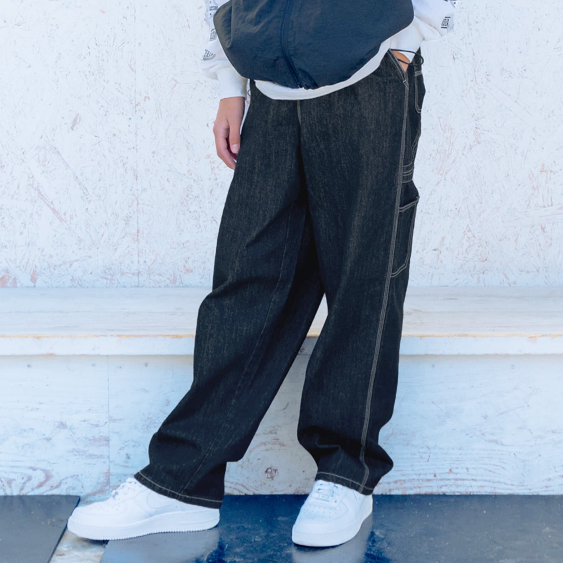 新品 グランピエ　リネン　藍染　パンツ　ボヘミアーノ デニム・配色ステッチペインターパンツ(140 DE・ブルー