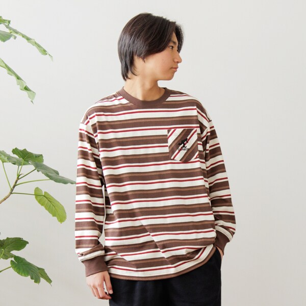 【大人向けサイズあり】ボーダー・ワンポイント刺繍ポケット付きビッグ長袖Tシャツ