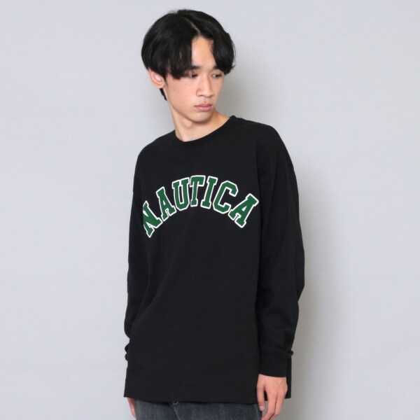 【大人向けサイズあり】【NAUTICA】フロントロゴアップリケ刺繍長袖Tシャツ