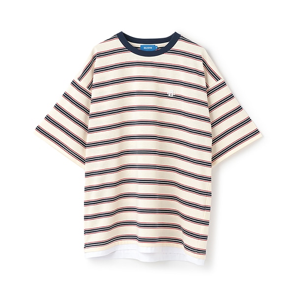 ボーダー・ワンポイント刺しゅうレイヤードビッグ半袖Tシャツ
