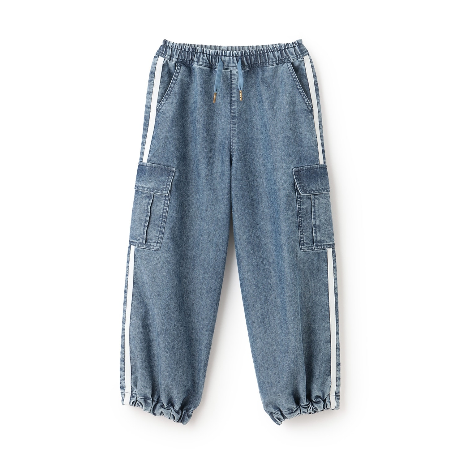 【裾ゴム仕様】ライン入りデニムカーゴパンツ