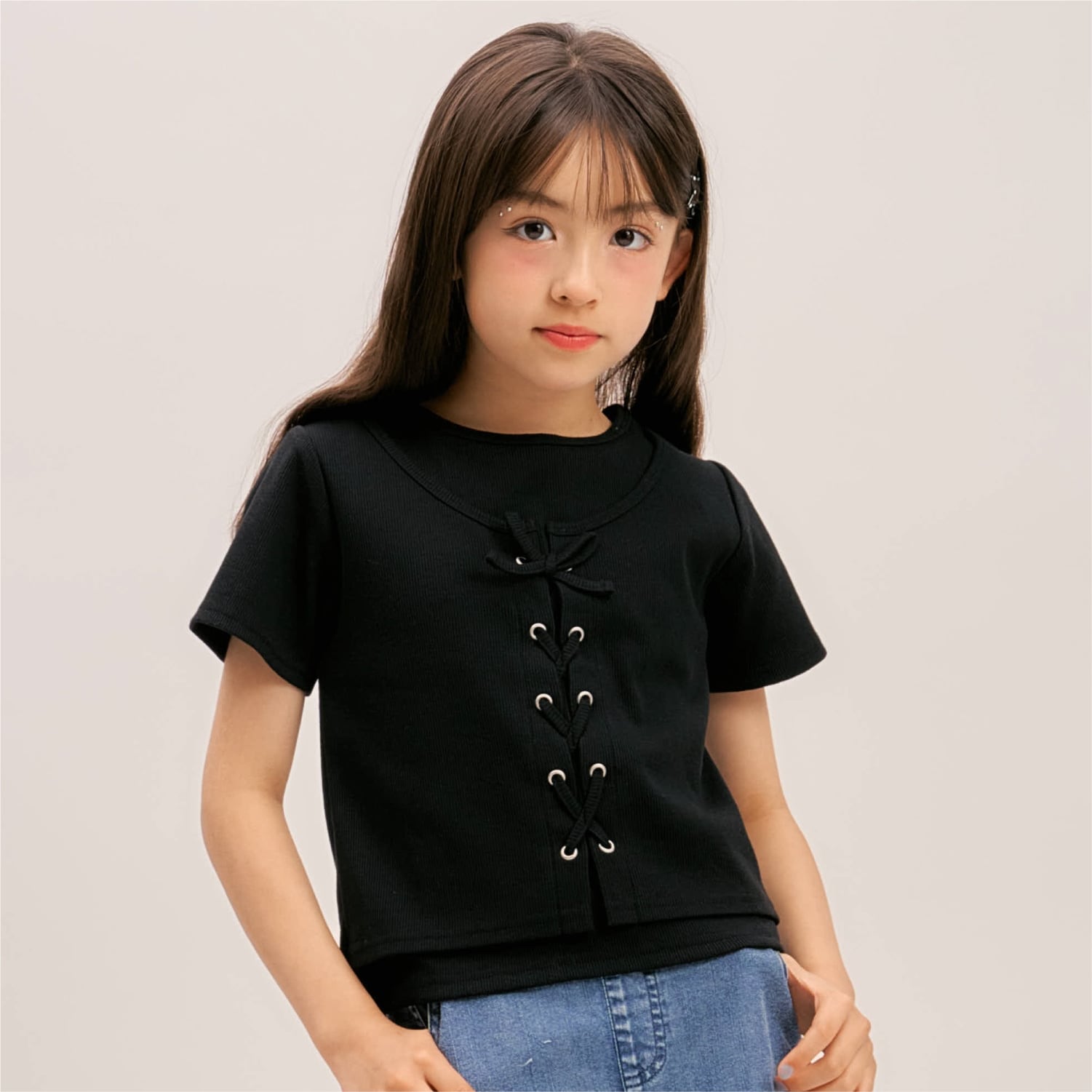 【吸水速乾】【サラサラプラス】テレコレースアップ半袖Tシャツ