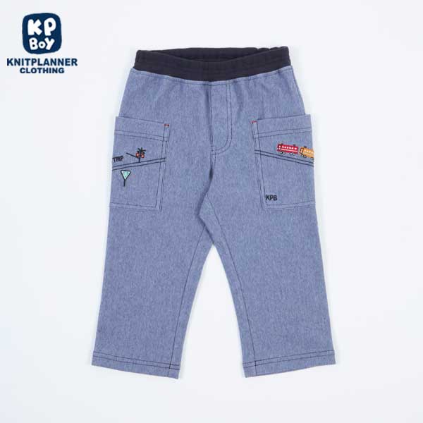 電車刺しゅうのストライプ7分丈パンツ(100～130)(100cm ターコ