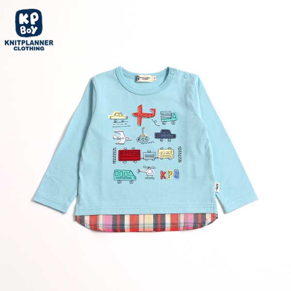 マドラスチェック裾切り替え乗り物長袖Tシャツ(80～90)