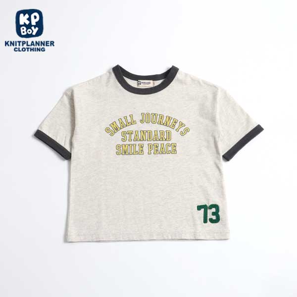 カレッジロゴ風リンガー半袖Tシャツ(140～160)(140cm エメラルド