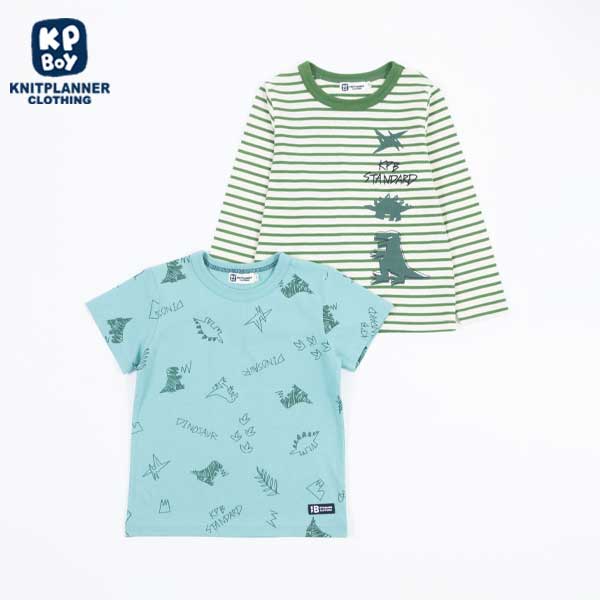 恐竜柄 半袖Tシャツとボーダー長袖Tシャツセット(140)