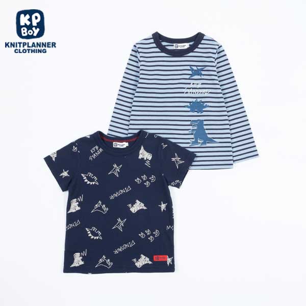 恐竜柄 半袖Tシャツとボーダー長袖Tシャツセット(140)