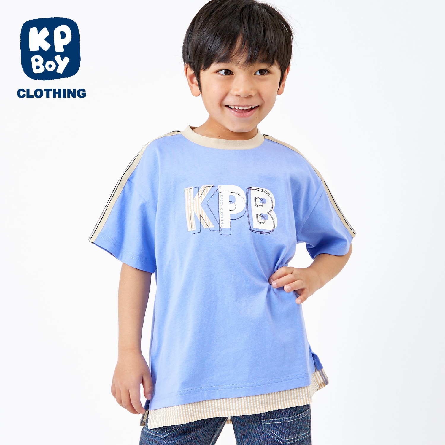 肩ニットテープKPBグラフィック裾レイヤードTシャツ(90cm ブルー