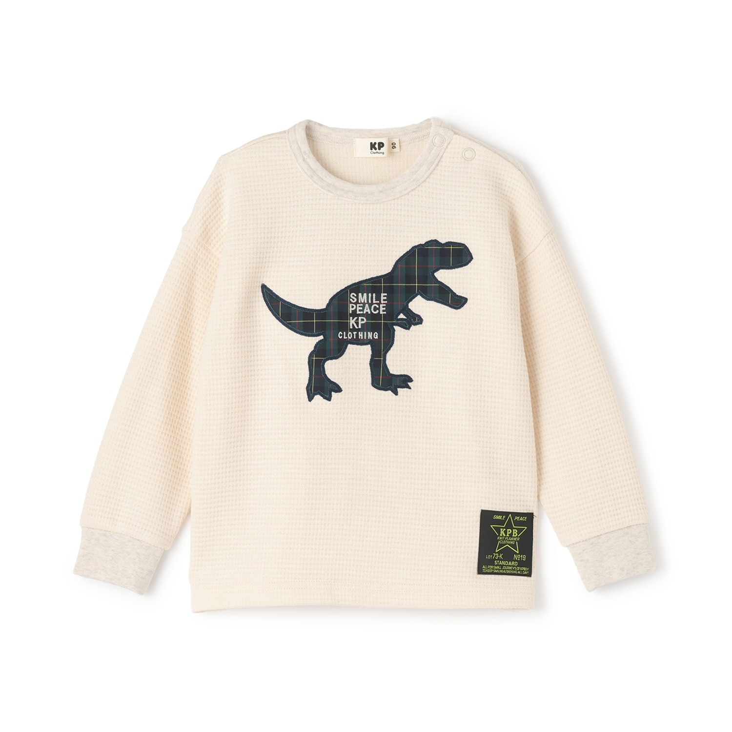 チェック恐竜アップリケ ワッフル長袖Tシャツ