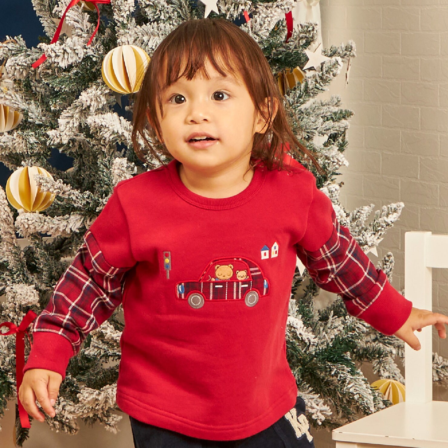 先染チェック車アップリケ 裏毛トレーナー