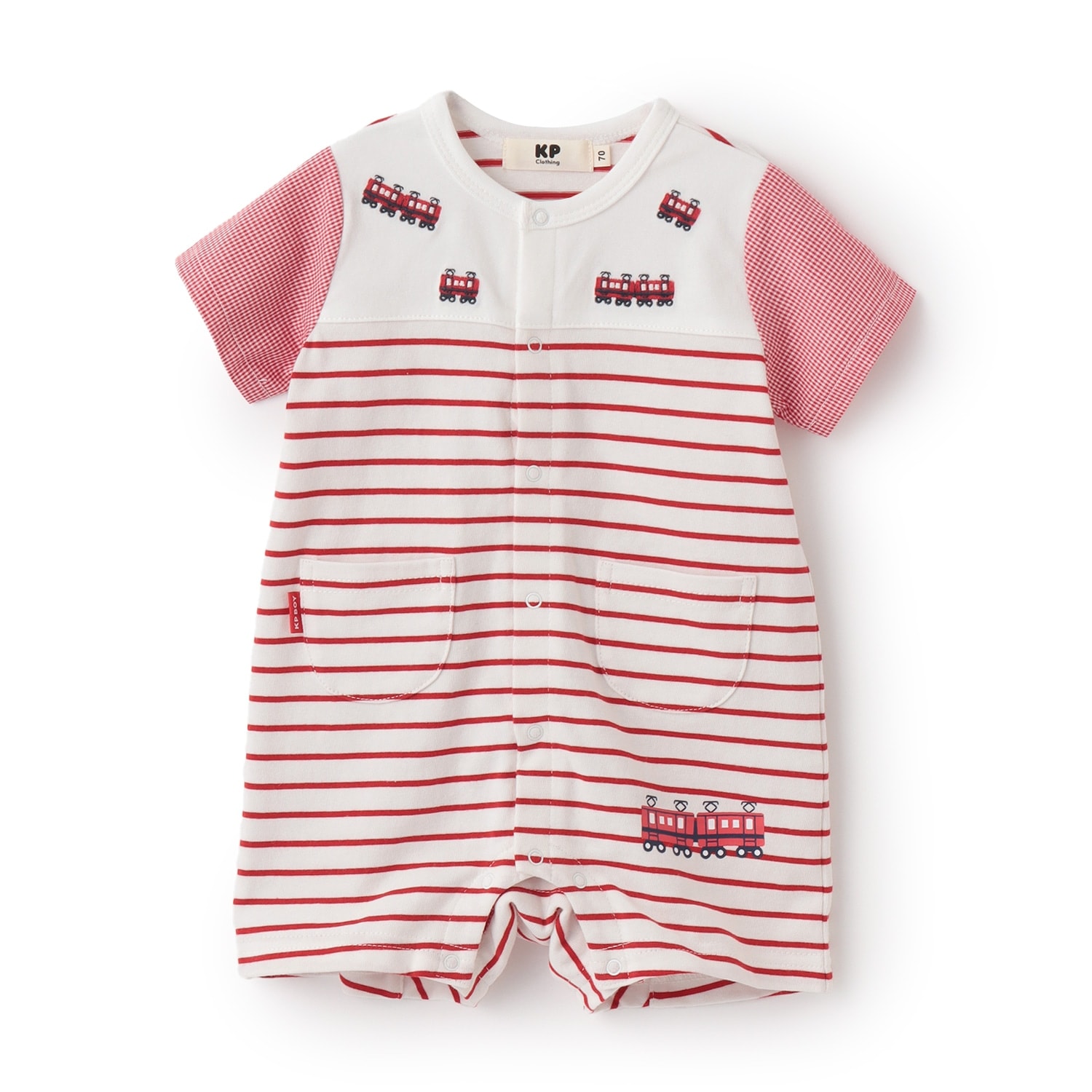 電車刺しゅう ボーダー柄 ショートオール