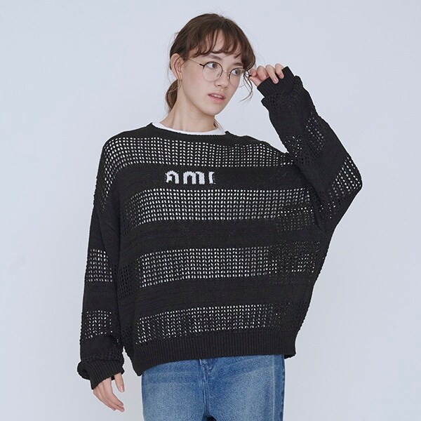 AMI】メッシュシャドウボーダーニットプルオーバー(M(150cm) 黒 