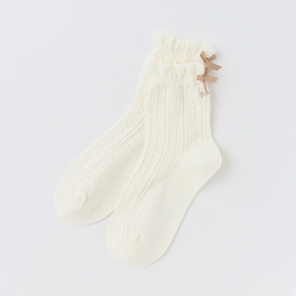 柄編み後ろリボンクルーソックス【日本製】