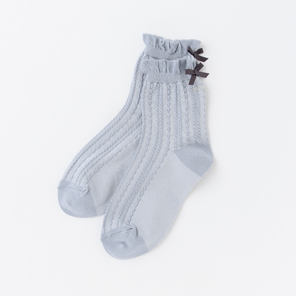 柄編み後ろリボンクルーソックス【日本製】
