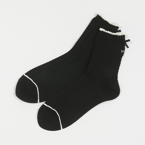 後ろリボン柄編みクルーソックス【日本製】