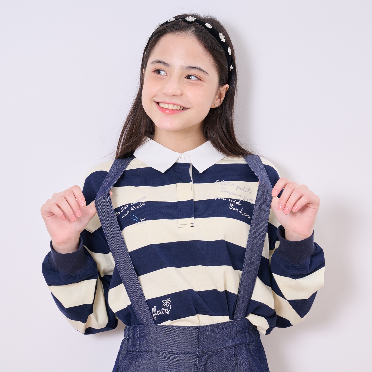 らくがき刺しゅうラガーシャツ(LL 紺): ジュニア - ナルミヤ