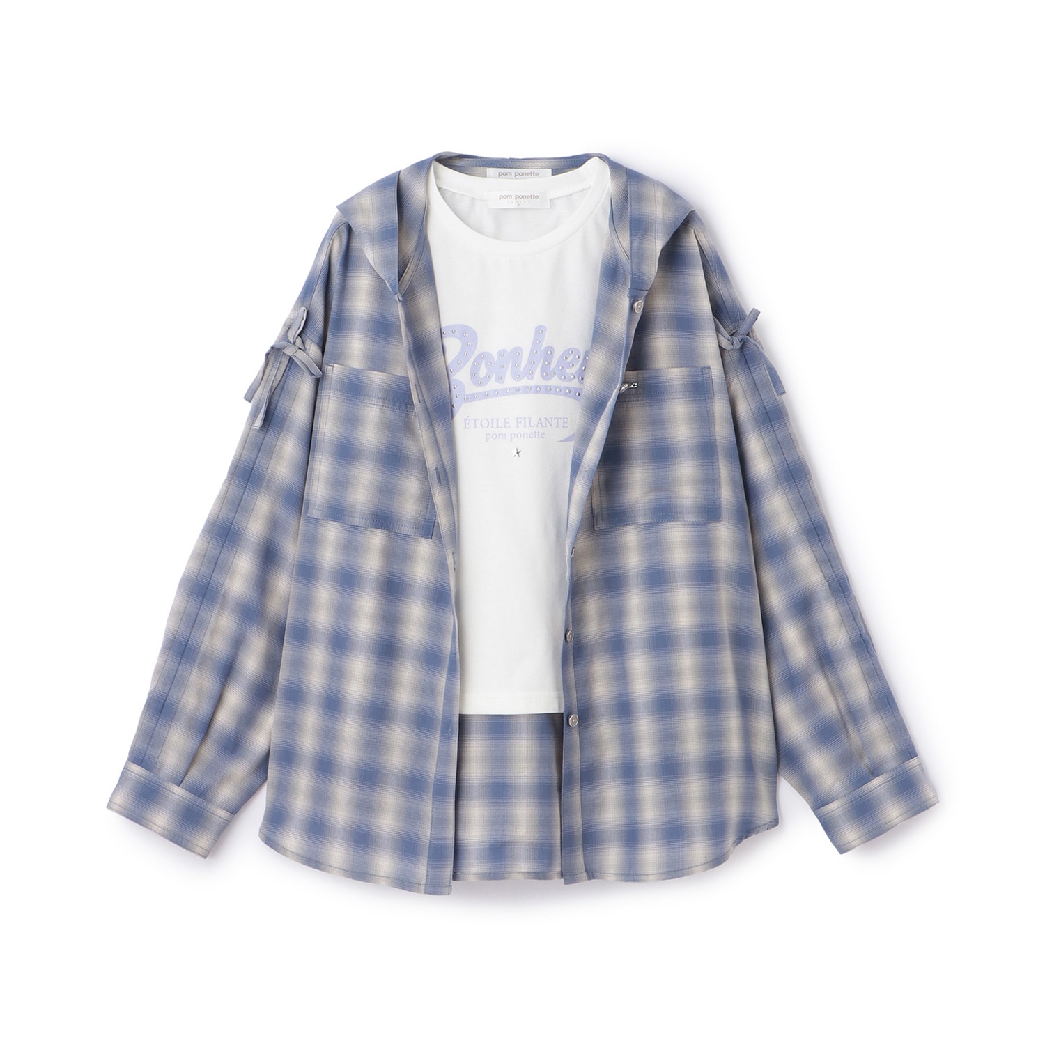 袖ギャザーフードシャツ×Tシャツセット(S(140cm) アイボリー