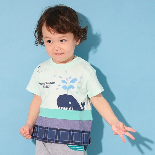 異素材切替くじら半袖Tシャツ(80cm サックス): キッズ
