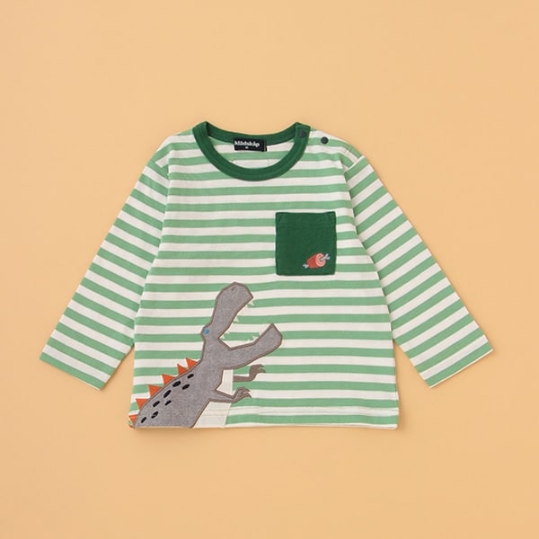 Narumiya Online ナルミヤ オンラインの公式通販サイト恐竜アップリケボーダー長袖tシャツ 100cm グリーン キッズ