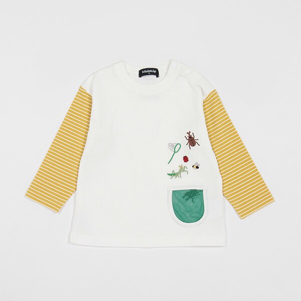 ポケットから昆虫袖ボーダー長袖Tシャツ