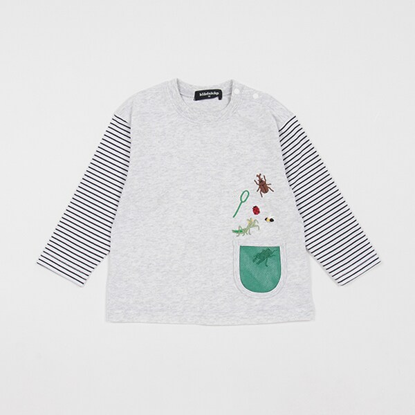 ポケットから昆虫袖ボーダー長袖Tシャツ