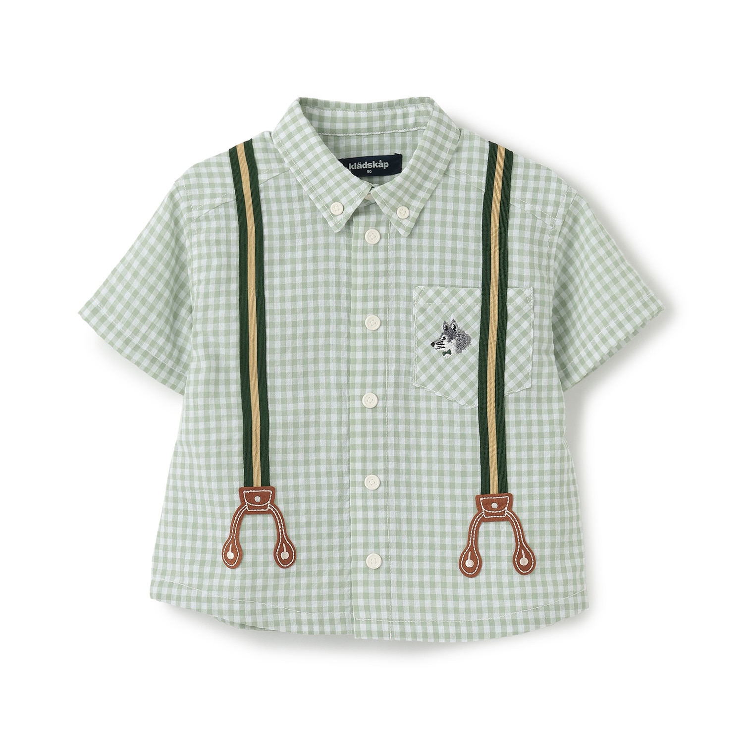 サスペンダー風チェック半袖ボタンダウンシャツ