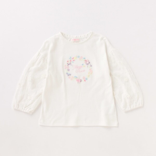 花刺しゅう袖ドットチュール8分袖Tシャツ