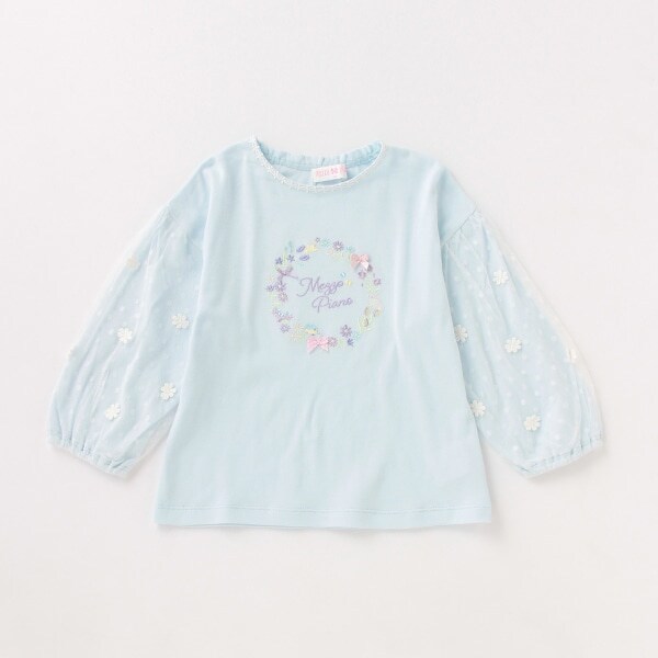 花刺しゅう袖ドットチュール8分袖Tシャツ