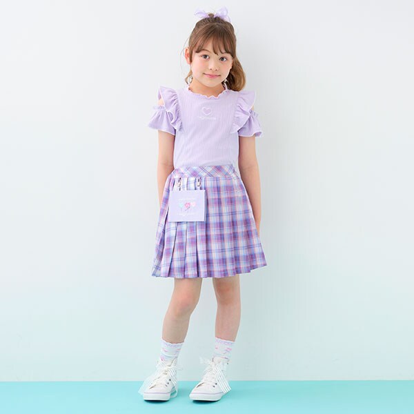 移動ポケットつきチェックプリーツスカパン(110cm ラベンダー